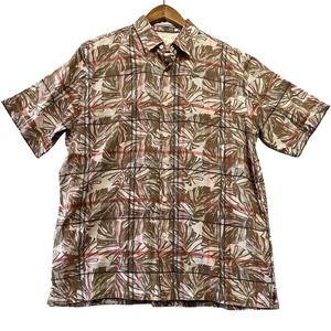 Tasso Elba Island Shirt Mens M Brown Tropical Plaid Linen Blend Hawaiian Coastal